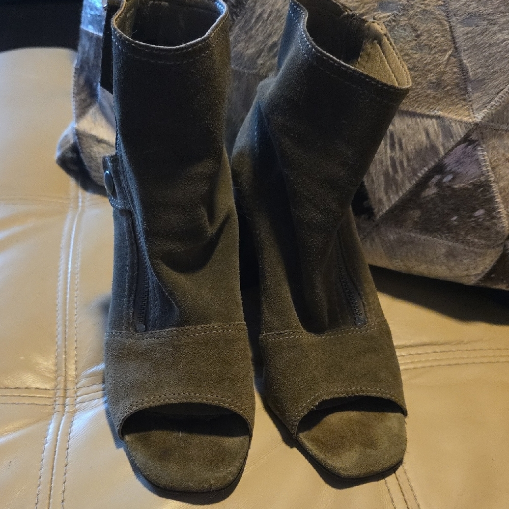Olive Peep-Toe Suede Ankle Boots
